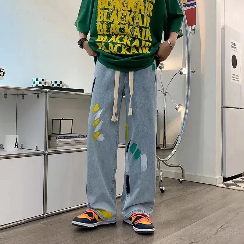 Jeans Men Print Fashion Hip Hop Spring Retro Male Trouser Teens High Street Pantalones Cool All-match Drawstring Summer Denim