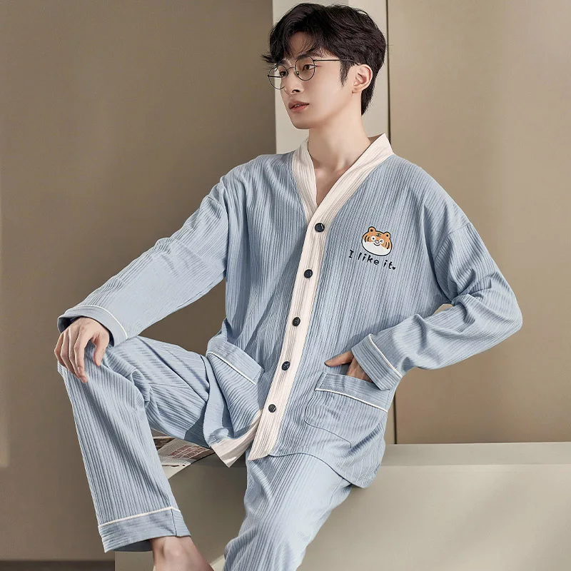 Men's suit pajamas, new spring and autumn days, long-sleeved cotton, high-grade home clothes, can be worn in large sizes