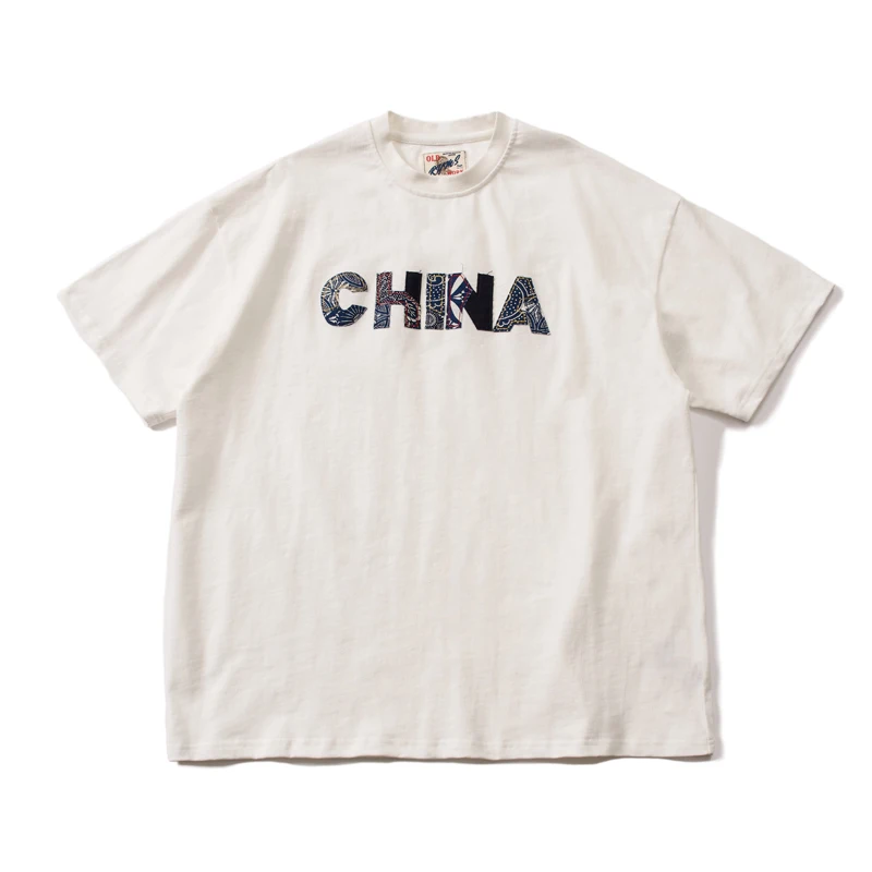

Summer Original Retro Indigo Patch Design CHINA Text Loose Silhouette All Cotton Short Sleeve T-shirt for Men and Women