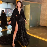 sexy evening dresses 2022 women black sparkle v neck sequin party dress elegant a line side split long ball gowns robe de soir%c3%a9e