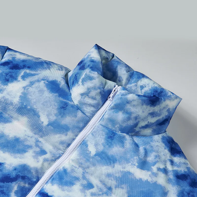 American Fashion Brand Tie-dye Stitching Stand-up Collar Winter Jacket Men  Korean Fashion Loose Warm Jacket Streetwear