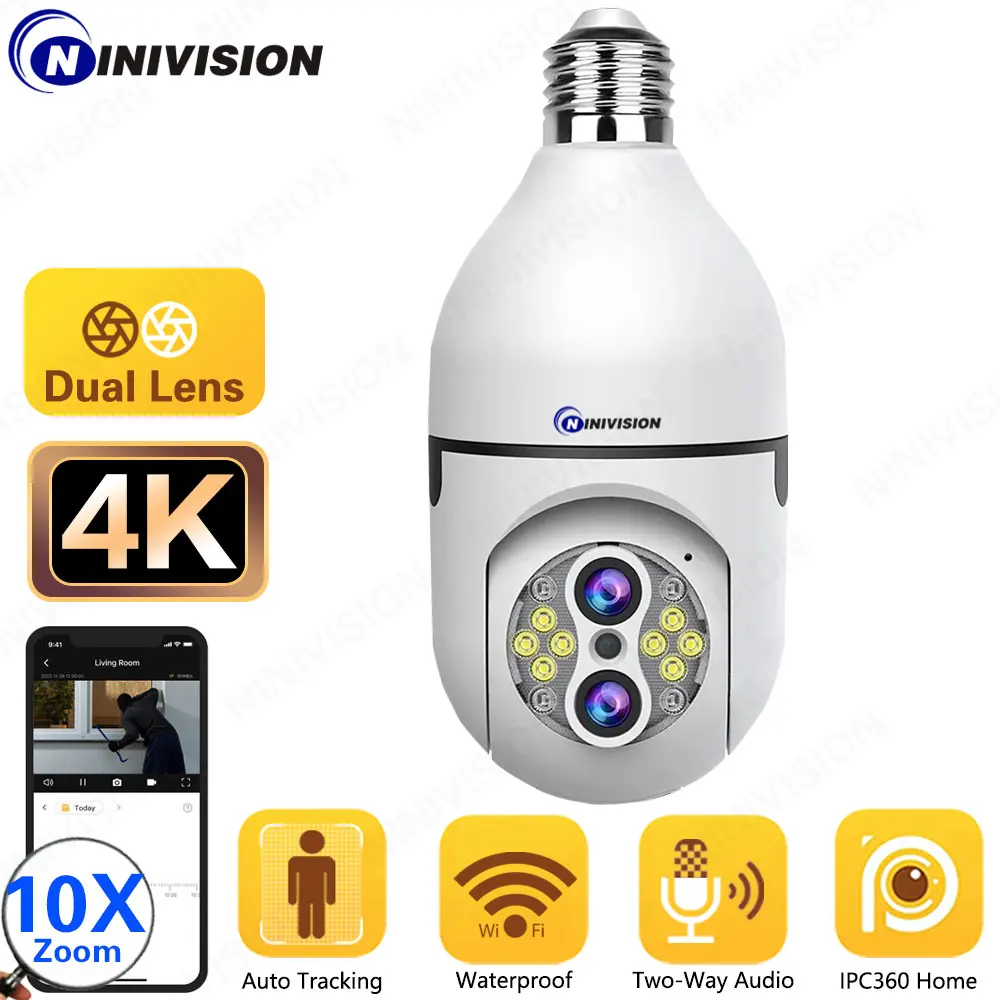 

8MP 4K E27 Bulb Camera WiFi Baby Monitor 10X Zoom Auto Tracking Indoor Video Surveillance Home Security Cam Floodlight Carecam