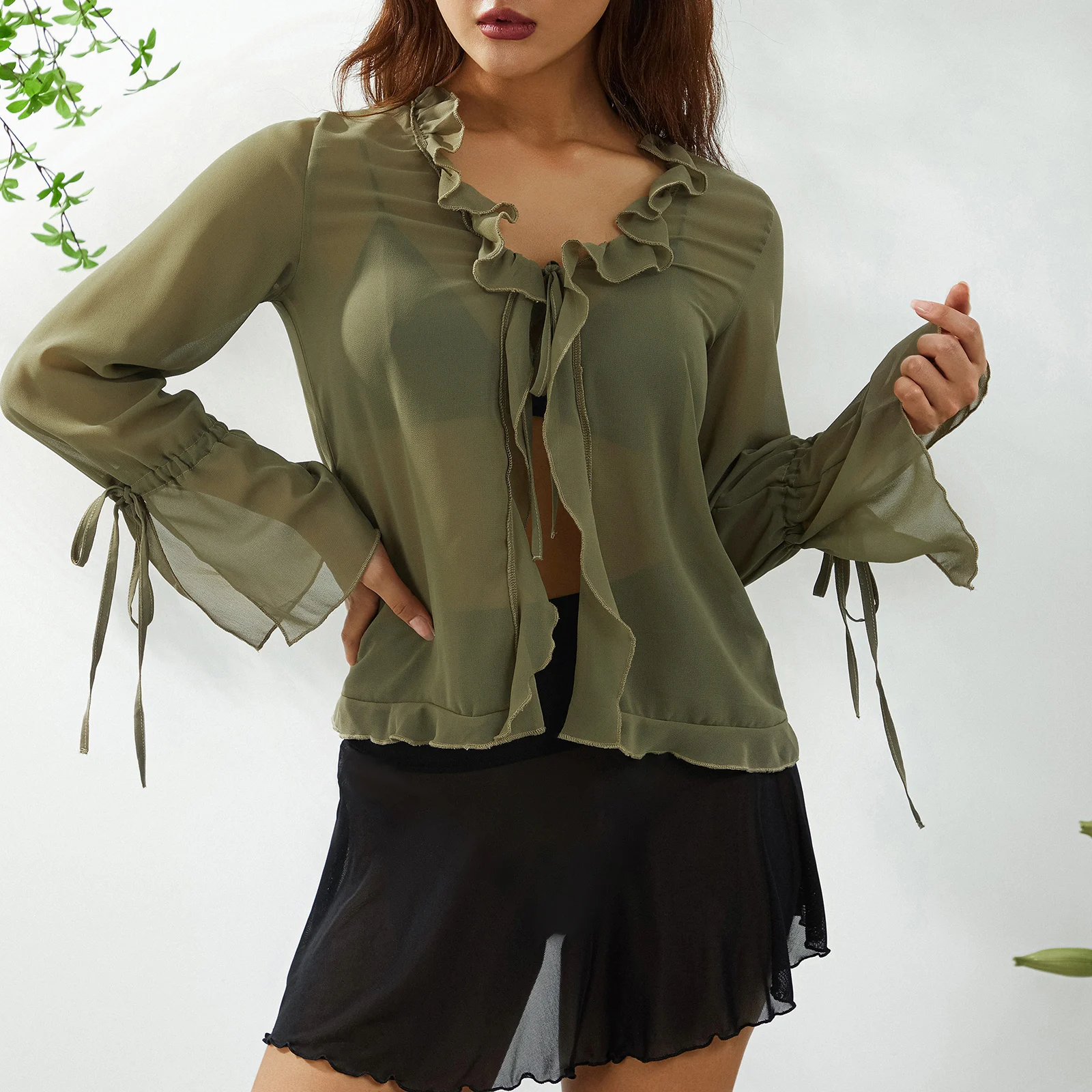 

Женская прозрачная рубашка, однотонный Кардиган с длинным рукавом и V-образным вырезом