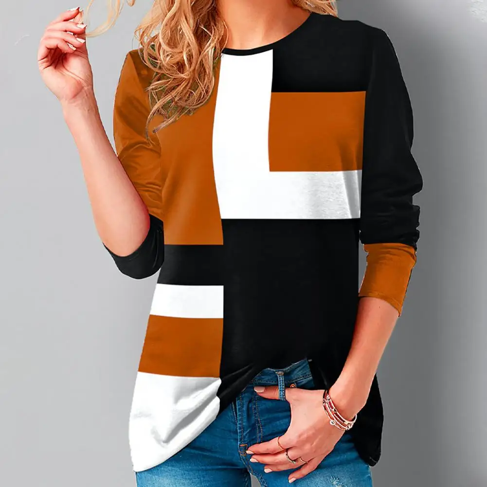 

Fashion Elastic 3D Cutting Autumn Geometry Patchwork Printed Shirt Blouse Female Clothing Pullover Blouse Women T-shirt