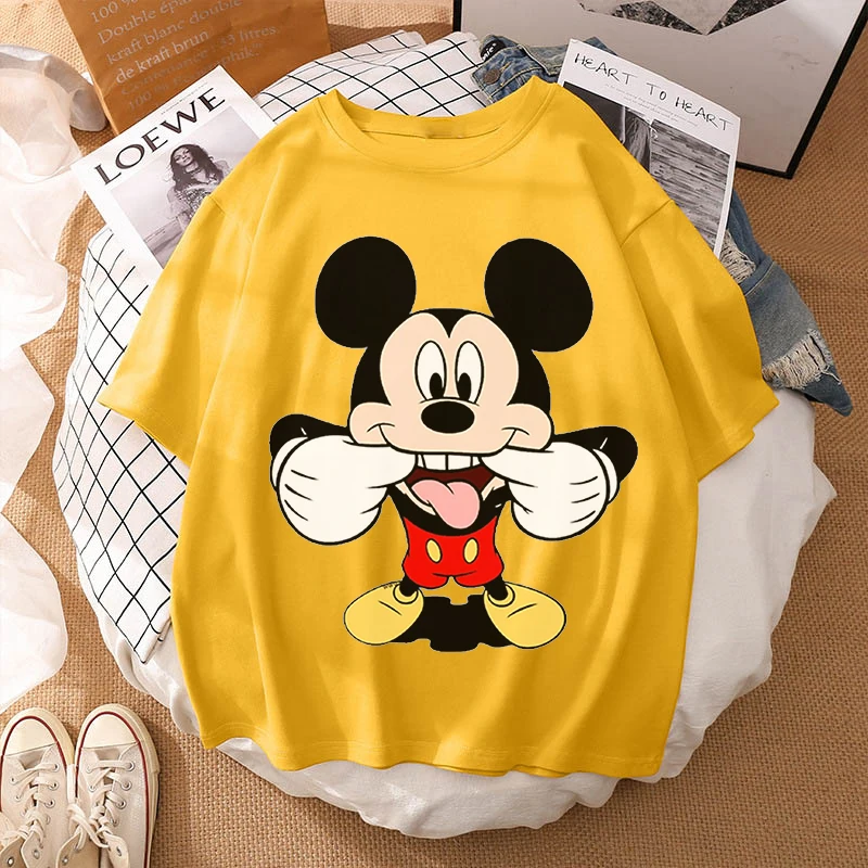 

Woman Summer New 2022 Hot Cartoon Disney Mickey And Friends Minnie Mouse Leopard Bow Portrait T-Shirt Short Sleeve Teen Tops