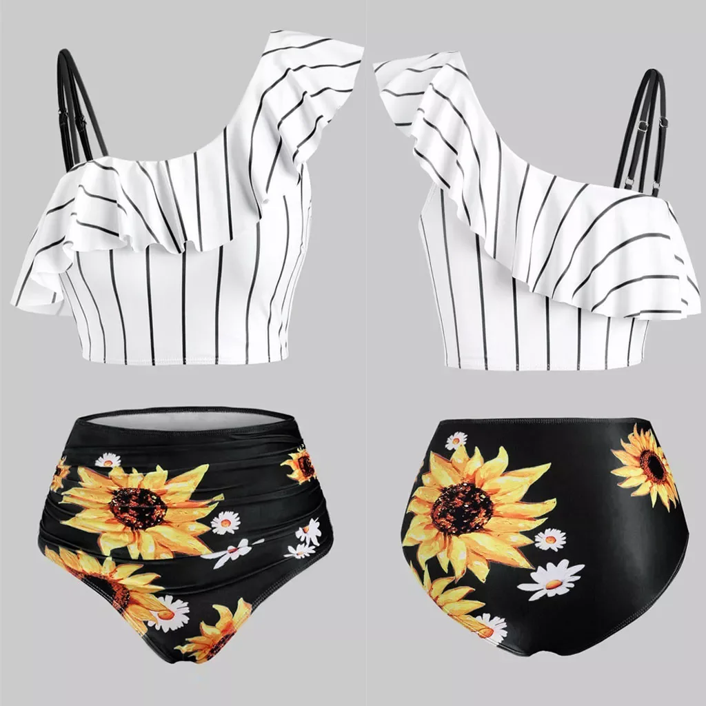 

NEW IN One Shoulder Swimsuit High Waisted Swimwear Women Bikini Set Push-up Padded Bra Floral Swimwear Bathing Trajes De Baño M