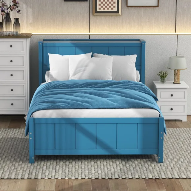 Wood Full Platform Bed with Storage Headboard Shelf and Drawers for Room, Blue 2