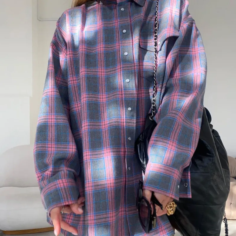 

Spring Autumn Vintage Loose Plaid Women'S Shirt Fashion Lapel Long Sleeve Office Lady Shirts And Blouses Tops Female Clothing