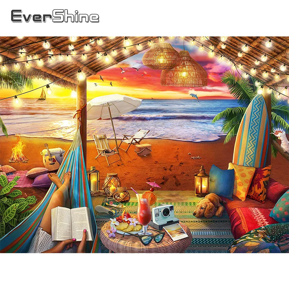 

Алмазная мозаика EverShine, вышивка на море, закат, пейзаж, картина для кемпинга 5D «сделай сам», стразы, Декор для дома