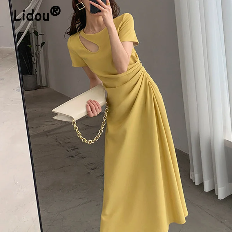 Купи Sexy Hollow Out Ruched Elegant Party Ladies Dresses Summer Fashion O Neck Short Sleeve Slim Solid Tunic Midi Dress Women Vestido за 1,076 рублей в магазине AliExpress