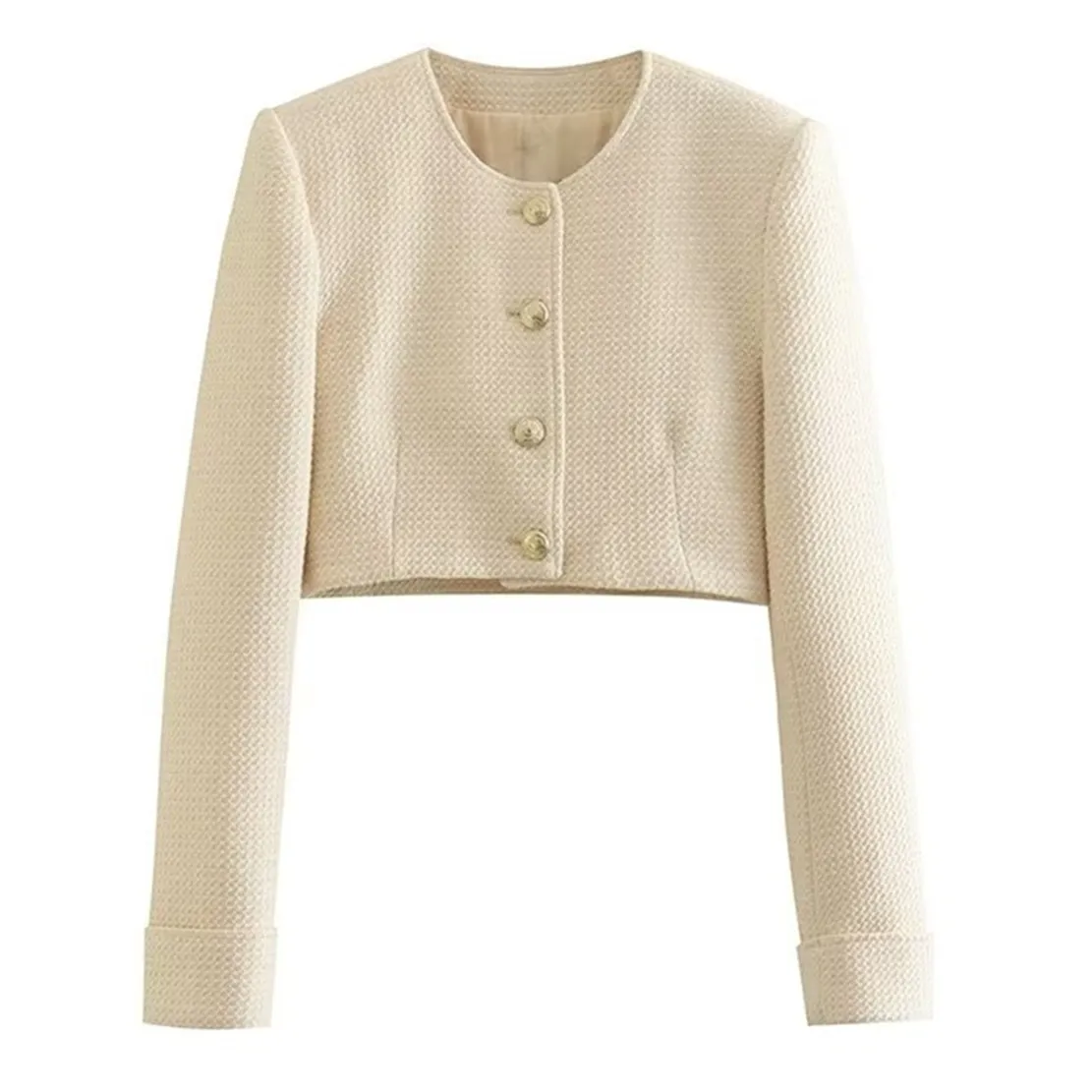 

Maxdutti Fashion Woollen Jacket Texture O-neck Single Breasted Short Jacket Women Tops