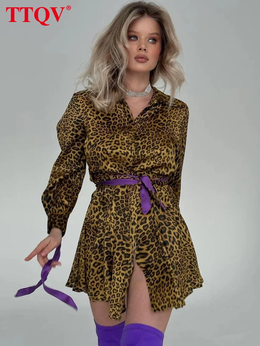 

TTQV Elegant Leopard Print Dresses For Women 2023 Casual Lapel Wrist Sleeve Button Dresses Fashion Lace-up Mini Dress Streetwear