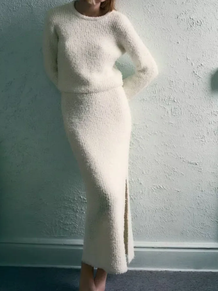 

Женский Универсальный костюм с юбкой миди, облегающий свитер с круглым вырезом, длинным рукавом и бантом, с высокой талией и эластичным пояс...