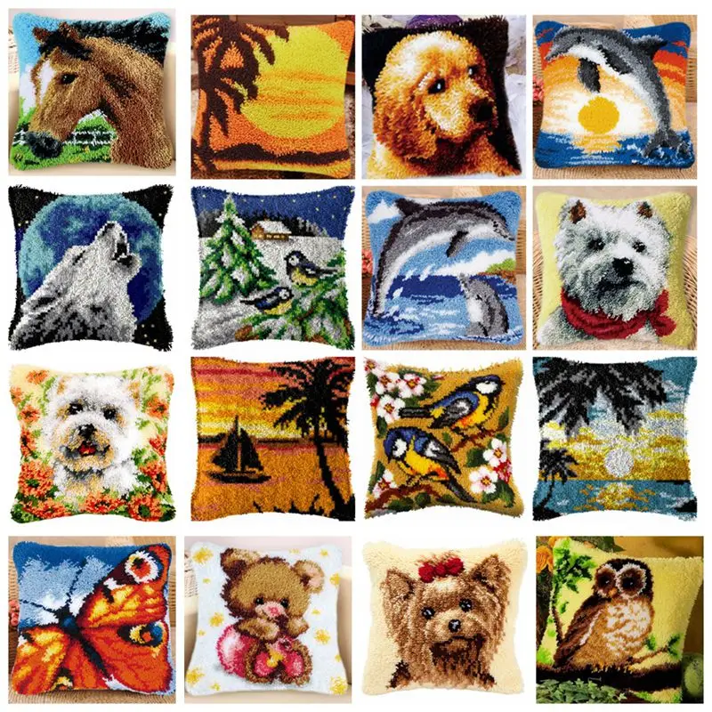 

Animal Latch Hook Pillow Hooks Hand Knitted Embroidery Carpet Pillow Cartoon Horse Cat Embroidery Latch Hook Kits Smyrna Package