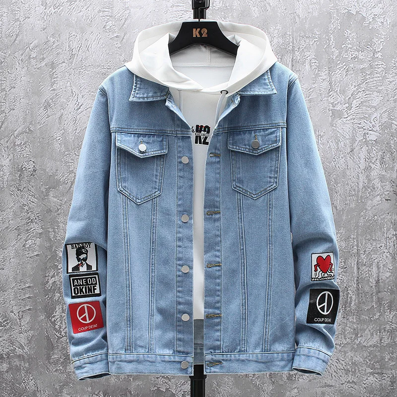 

2022 Autumn Men's Jean Jacket Slim Fit Cotton Denim Jacket blue Black Ripped Hole Jean Coats Men Cowboy Outwear
