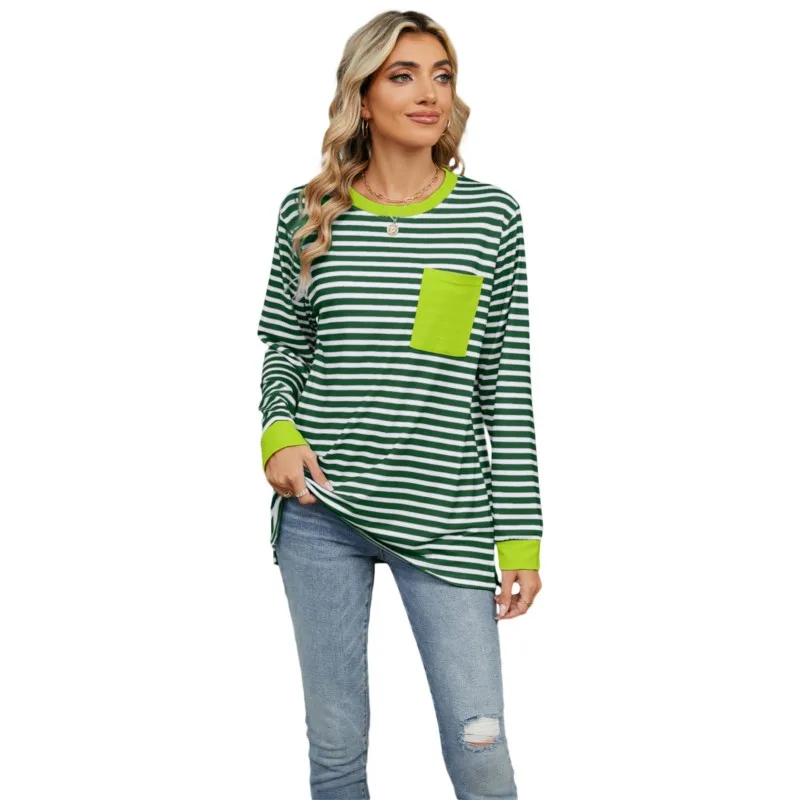 2024 T Shirts Spring New Striped Printed Vintage Casual Loose Pocket Daily Commuting Tee Long Sleeve O-neck Women's Pullover Top