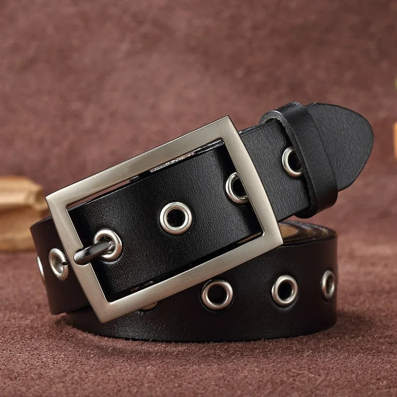 

Belt for Women Cowhide High Quality Fashion Punk Hollow Rivet Belt 100% Full Grain Genuine Leather Belt Casual Women Belt PK015