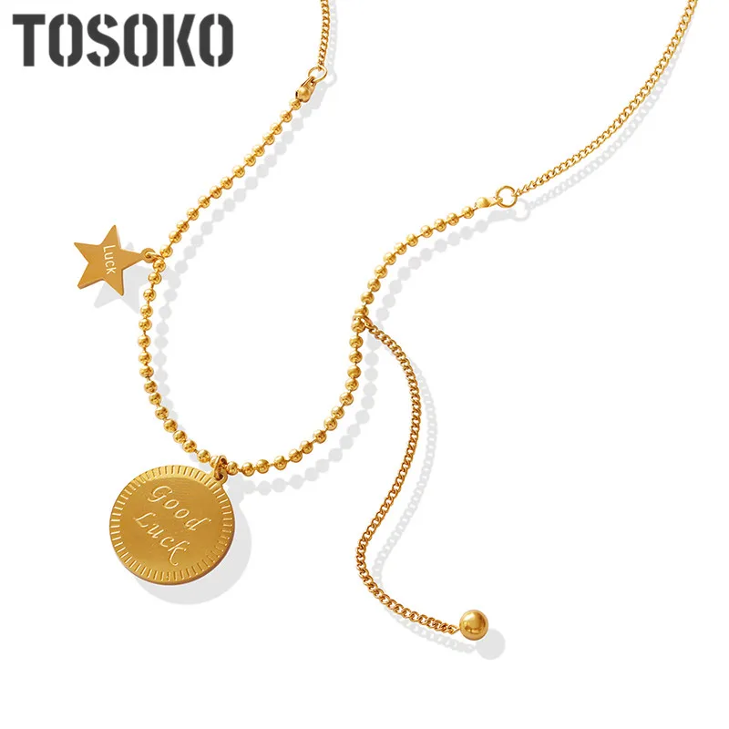

TOSOKO Stainless Steel Jewelry Round Brand English Letter Pendant Five Pointed Star Necklace Women's Fashion Clavicle Chain P641