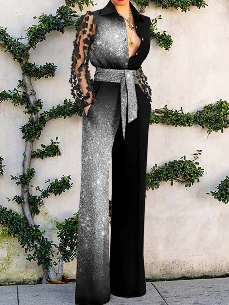 Женский кружевной комбинезон на пуговицах элегантный с цветочным кружевом и