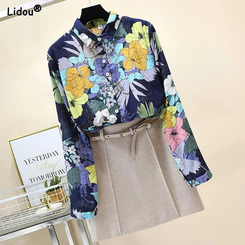

Printing Shirts Turn-down Collar Patchwork Casual Button Loose Spring Autumn Thin numb Pure Cotton Women's Clothing 2022 Vintage