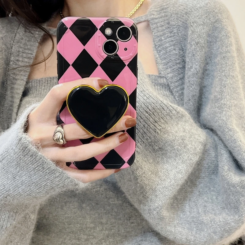 

Luxury Retro Plaid Love Heart bracket Korea Phone Case For iPhone 11 12 13 Pro Xs Max X Xr 7 8 Plus SE Cute Soft Silicone Cover