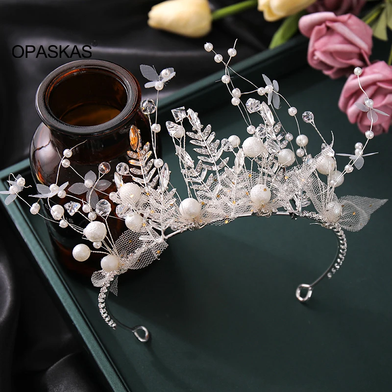 

Fashion Tiaras For Women Crystal Pearl Crowns Earring Set Elegant Leaves Shaped Bridal Diadem Wedding Hair Accessories Jewelry