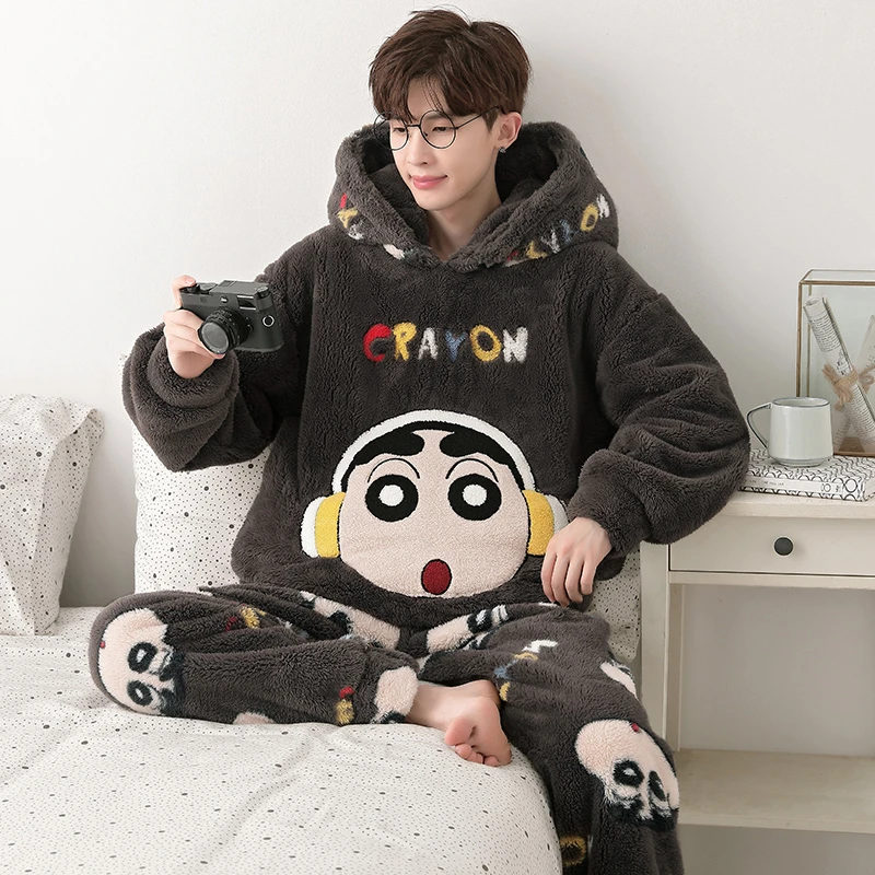 Men's Pajamas Autumn and Winter Coral Fleece Warm Crayon Xiaoxin Flannel Youth Casual Home Wear Can Be Worn outside