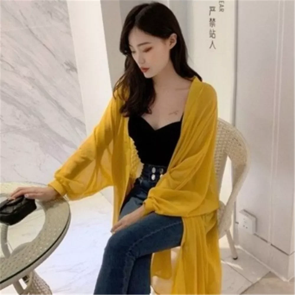 

New in Women Blouse Summer Puff Sleeve Long Chiffon Shirt Kimono Cardigan Black White Loose Kimono Ladies Tops Sun-protective To