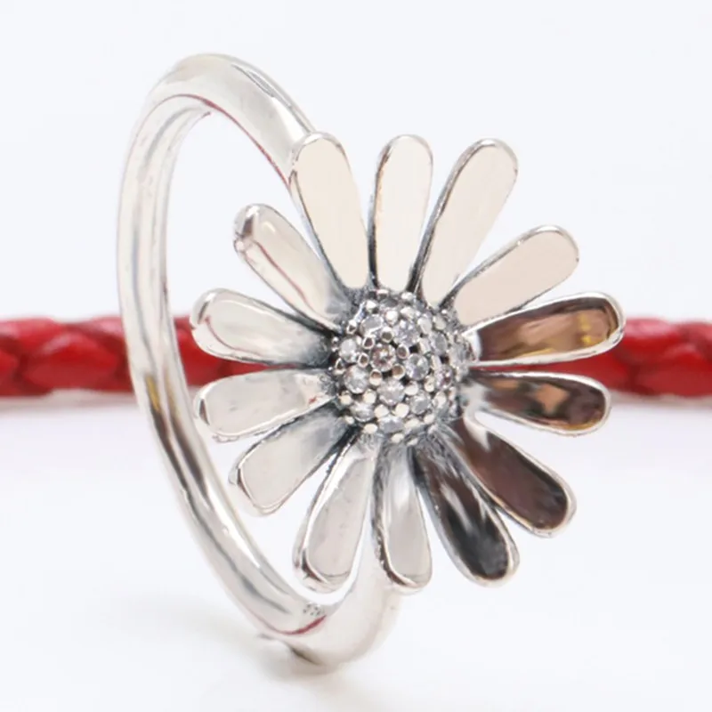 

Authentic 925 Sterling Silver Pave Daisy Flower Statement With Crystal Ring For Women Wedding Party Europe Fashion Jewelry