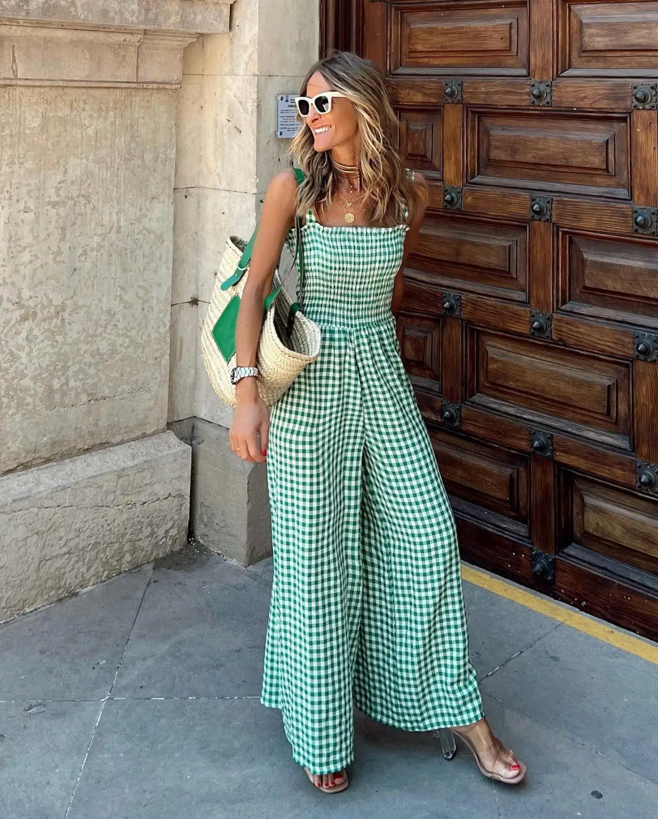 

Fashion Jumpsuits Summer New Women's Jumpsuits Pleated Wide Leg Overalls High Waist Casual Plaid Sleeveless Loose Sling Rompers