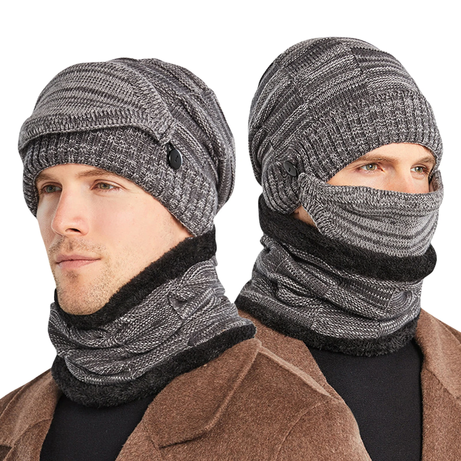 

3 Pcs Men's Winter Beanie And Scarf Set Thickend Knitted Hat Scarf Face Cover Outdoor