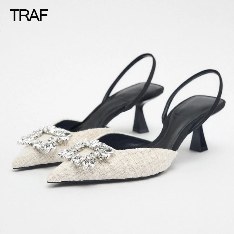 

TRAF Women High Heel Rhinestone Glitter Heels Woman Pumps Elegant Heeled Shoes Women's White Black Leopord Slingback Pointed toe