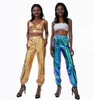 High Waist Metallic Shiny Jogger Casual Holographic Color Streetwear Trousers Women Fashion Smoothy Reflective Pants Hip Hop