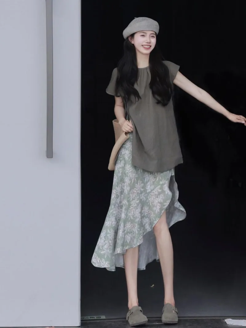 Модная женская летняя новая французская Однотонная юбка с коротким рукавом и