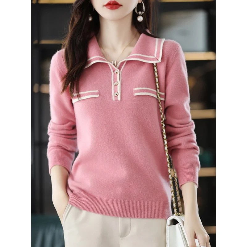 

100% Pure Wool Cashmere Sweater Women's Lapel Pullovers Casual Knitted Colorblock Tops 2022 Spring / Autumn Thin Female Jack