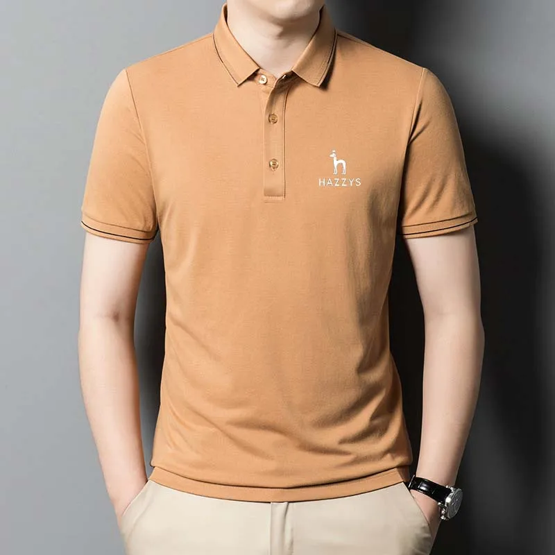 

2023 Men's HAZZYS Golf Clothing Summer Mulberry Silk Shirt Solid Color Short Sleeve Casual Polo Business Sports