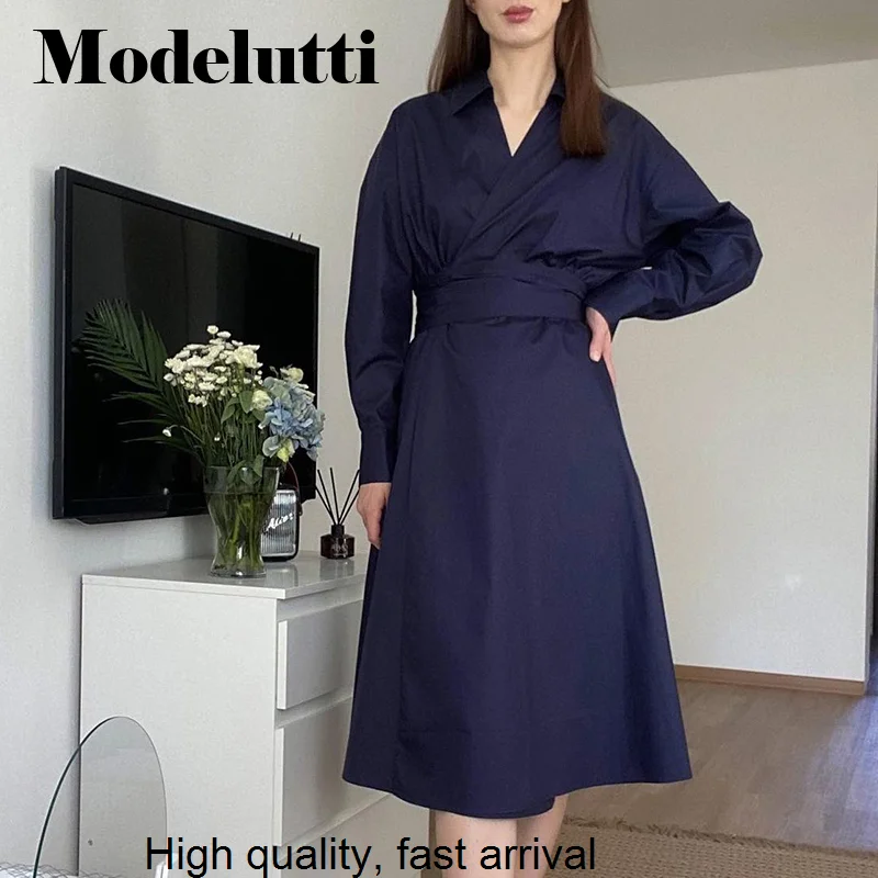 Autumn 2023 New Fashion Long Sleeve V-neck Slim Belt Long Dresses Women Solid Elegant Simple Casual Dress Female Chic