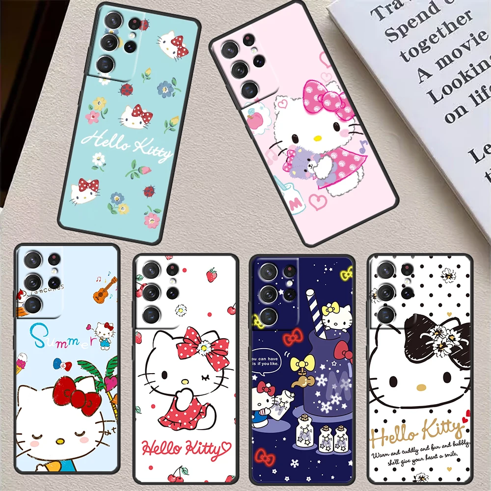 

Cute Anime Hello Kitty For Samsung S23 S22 S21 S20 FE Ultra Pro Lite S10 S10E S9 Plus 5G Soft Black Phone Case Cover