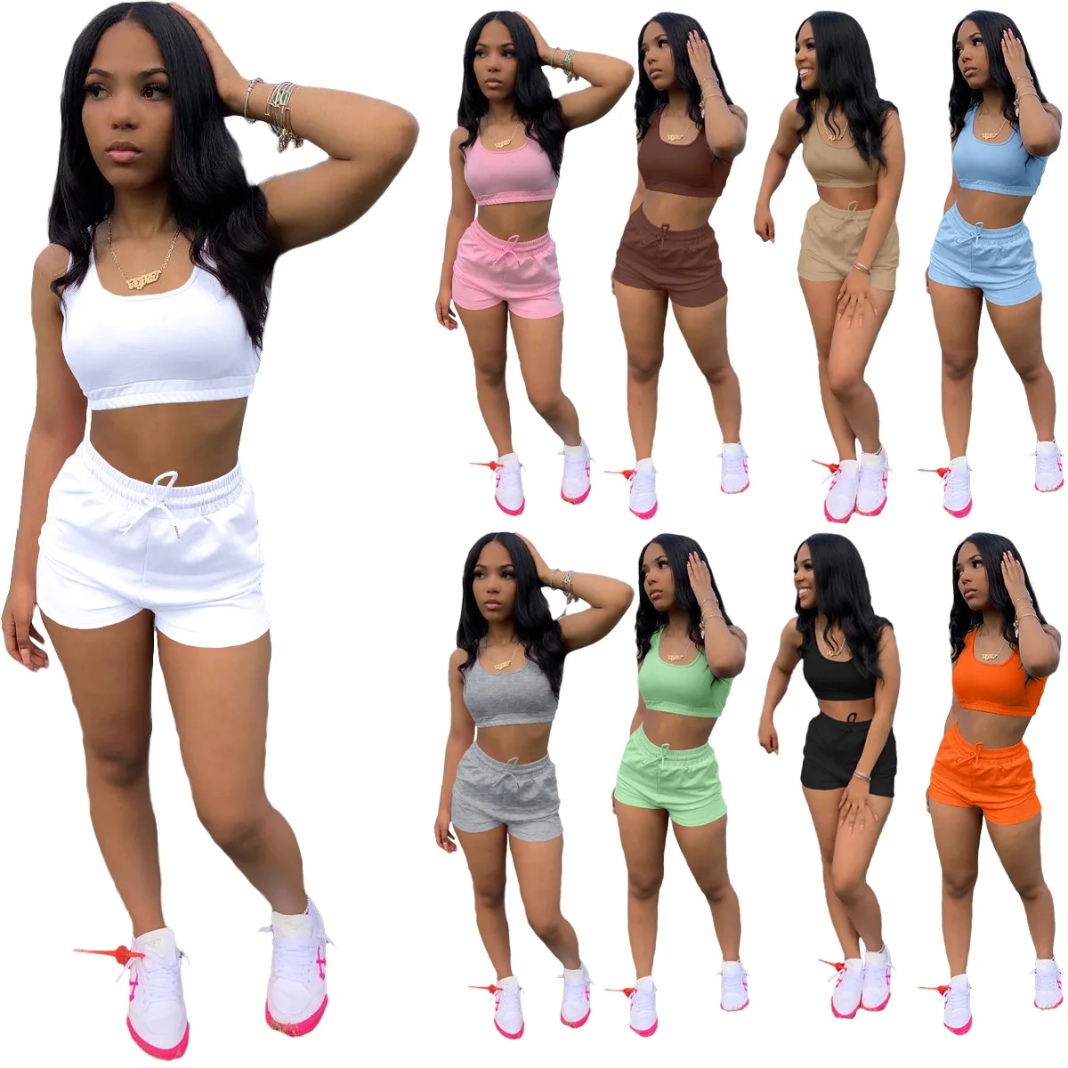 

Women Clothing Set Cropped Tops Shorts Two Piece Suits Summer Casual Joggers Fitness Outfits Solid Color Lady Tracksuits