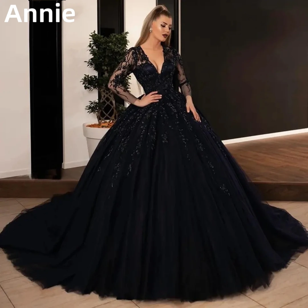 

Black Sequin Lace Appliqué Prom Dresses Wedding Dress V Neck Long Sleeve Evening Dress Vestidos de Noche Formal Occasions Dress