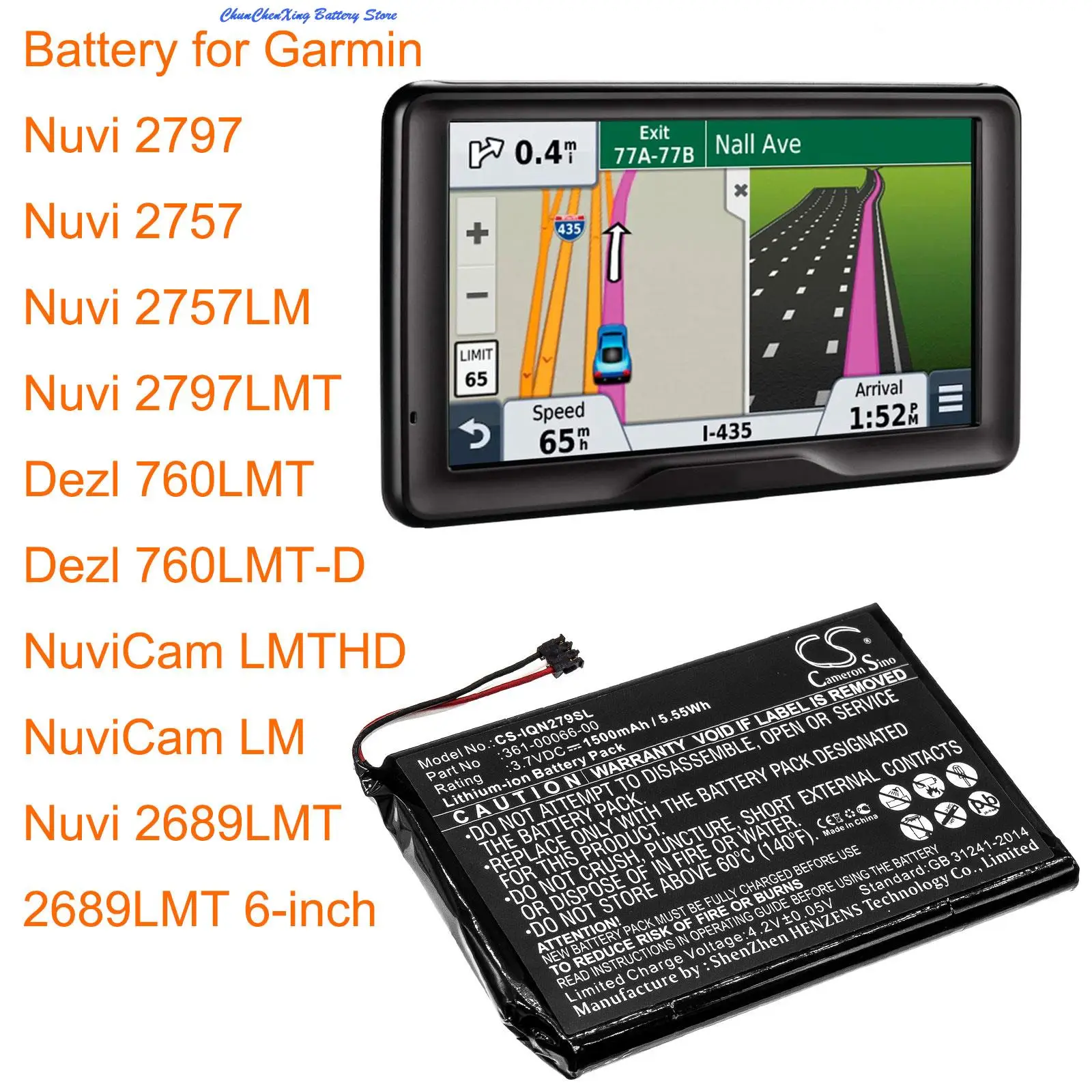 

Cameron Sino 1500mAh Battery 361-00066-00 for Garmin Dezl 760LMT, Dezl 760LMT-D, Nuvi 2757, Nuvi 2757LM, Nuvi 2797, Nuvi 2797LMT