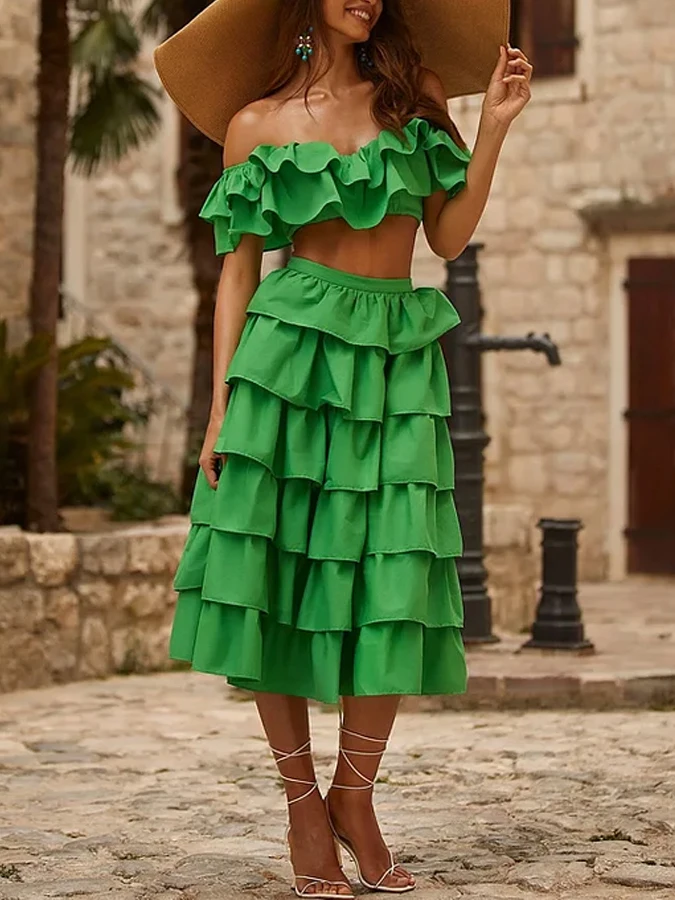 

Off Shoulder Ruffle Solid Color Bikini and Beach Skirt