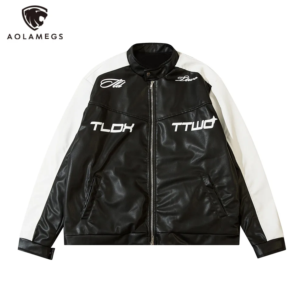 

Men's Fleece Leather Jacket Streetwear Splicing Letter Print Jacket Coats Hip Hop High Street Warm Coat Casual Fashion Outerwear