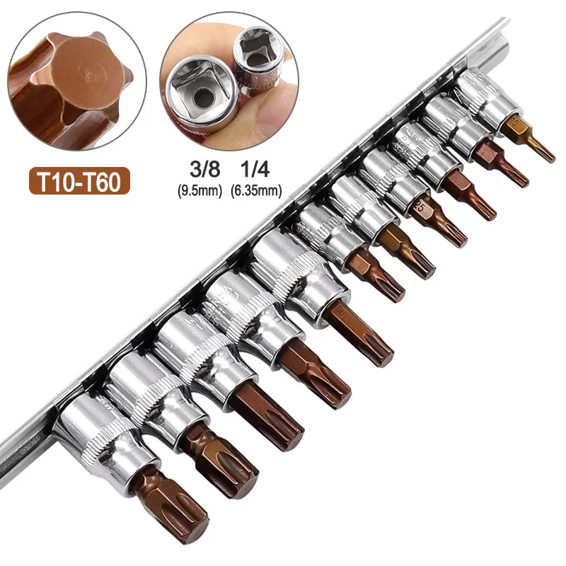 

T50 11 шт., набор бит для отверток Torx со звездой, 3/8 1/4 дюйма, торцевой ключ с храповым механизмом, адаптер в форме цветка, инструмент с запрессовщивающими втулками