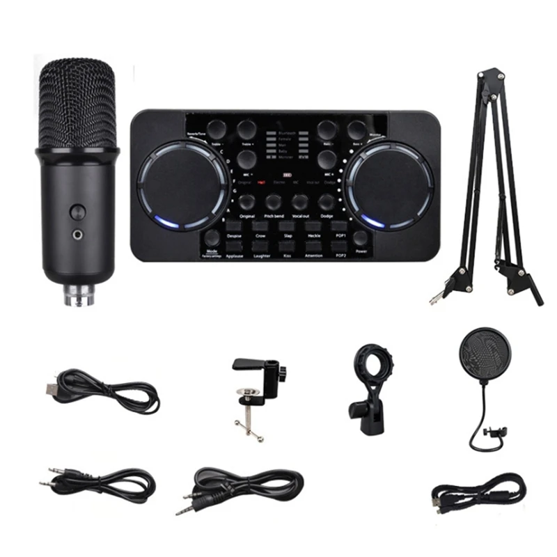 

Mini Cell Phone Sound Card Audio Set Interface External USB Live Microphone Sound Card with Microphone Stand for PC