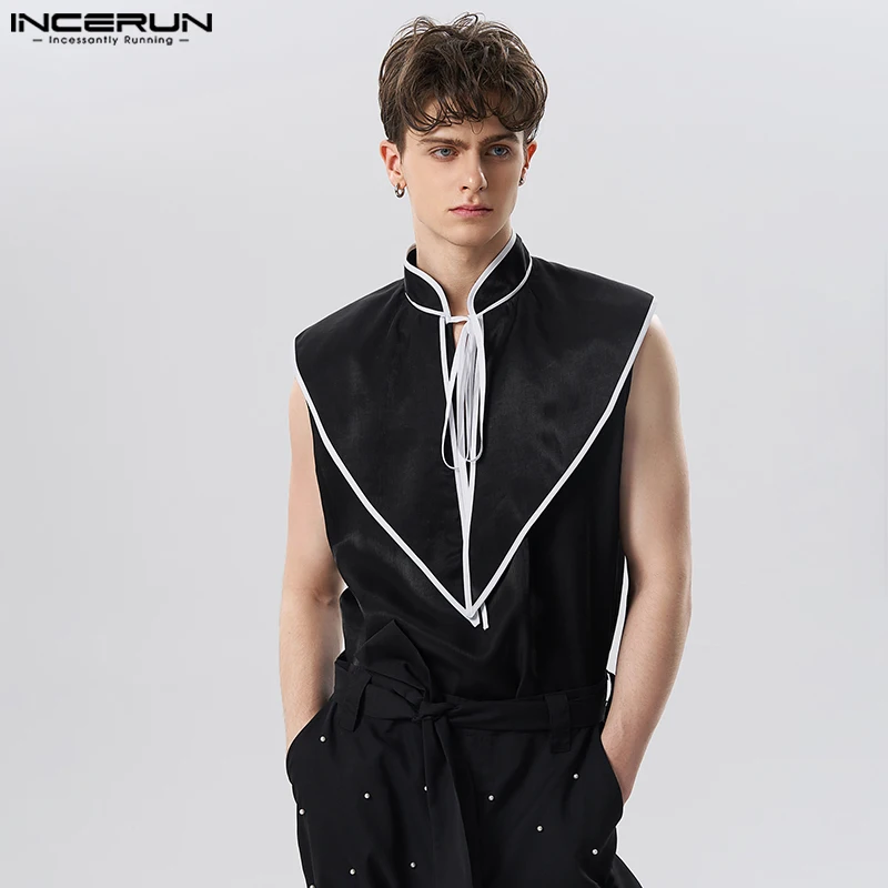 

2023 Men Tank Tops Patchwork Stand Collar Sleeveless Summer Lace Up Men Clothing Loose Streetwear Fashion Vests S-5XL INCERUN