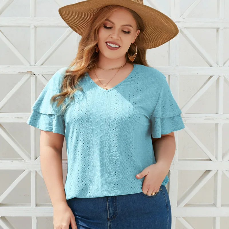 Plus Size Women Tops Summer Fashion V Neck Ruffles Short Sleeve Shirt Casual Loose Solid T Shirt Ladies Elegant Hollow Out Tops