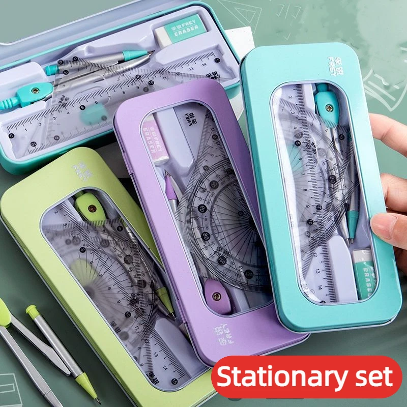 

7pcs Compass Ruler Set Math Geometry Drawing Stationery Engineering Drawing Art And Craft Supplies Student Test Compass Iron Box