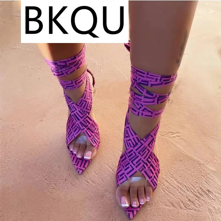 

2022 spring new large size women's shoes lace-up print high-heeled stiletto sandals women's pointed toe