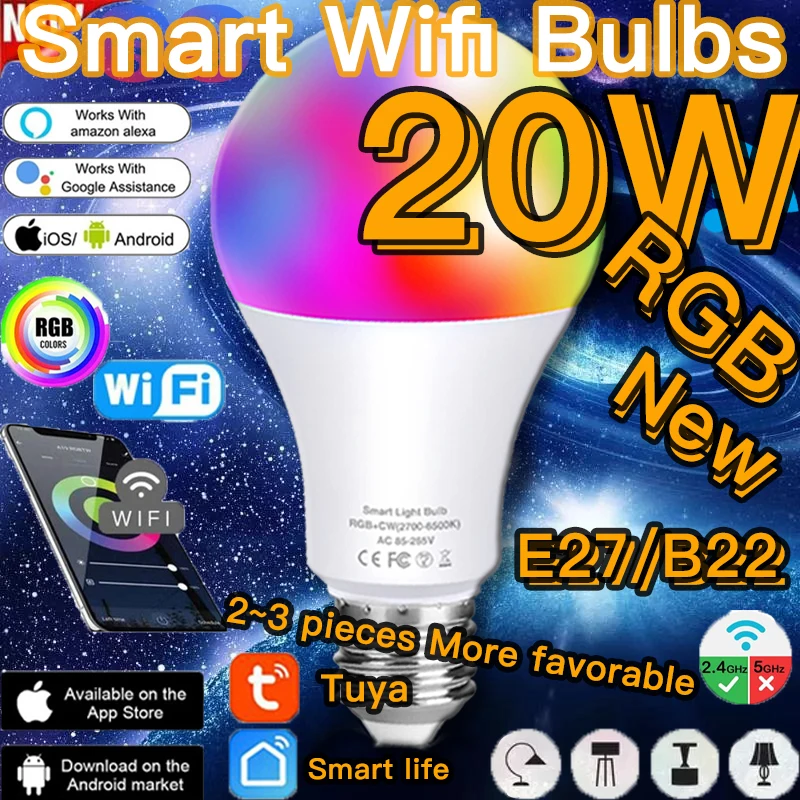 20W E27 Dimmable Timer RGB Bulb Bluetooth WIFI Room Cecor Smart Bulb LED Color Bulb Remote Control/Alexa Use Dropshipping